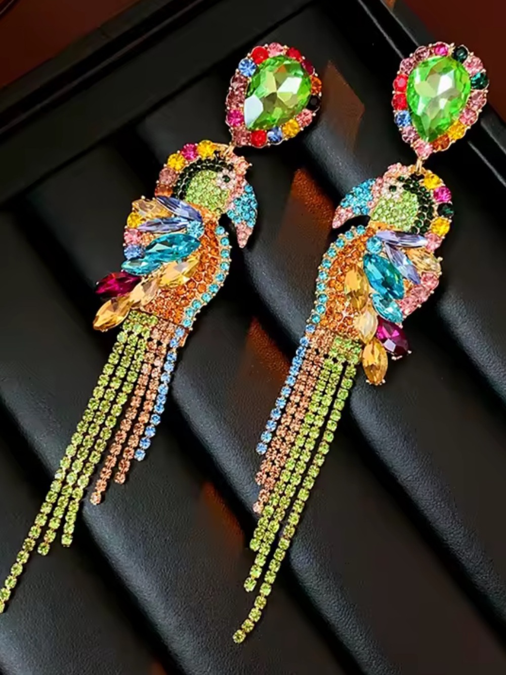 Statement Crystal Parrot Earrings | Colorful Rhinestone Drop / Tropical Jewelry - Picture 4 of 6